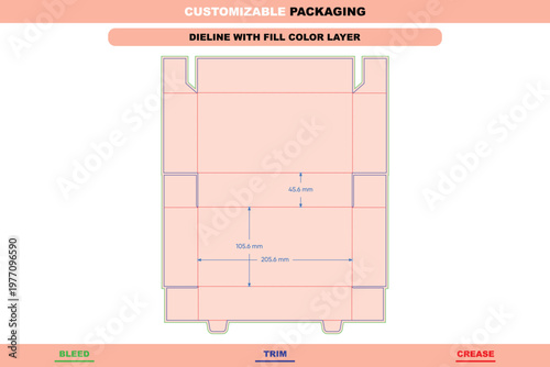 Flip box dieline template with bleed, trim, and crease lines, featuring labeled dimensions and a soft peach fill color layer for packaging
