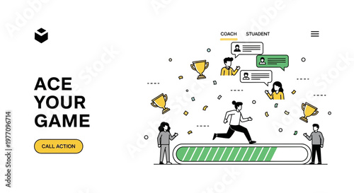 Gaming coach student training layout with progress bar trophy chat bubble flat vector design web page illustration