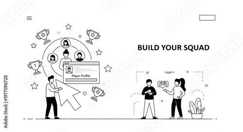 Vector illustration of gaming community dashboard website design for players to build their professional esports squad online