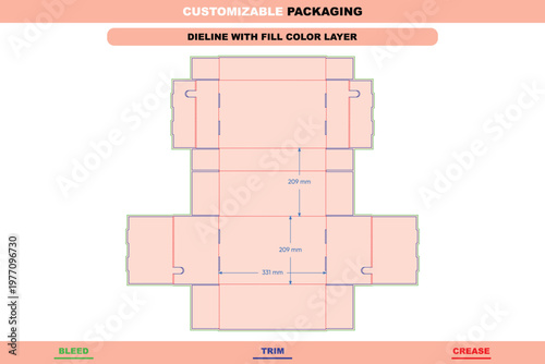 Flip box dieline template with bleed, trim, and crease lines, featuring labeled dimensions in millimeters for cardboard packaging construction
