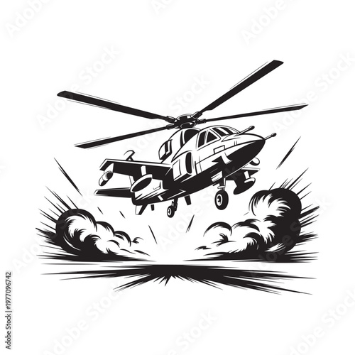 Dynamic illustration of a military attack helicopter in flight with explosions