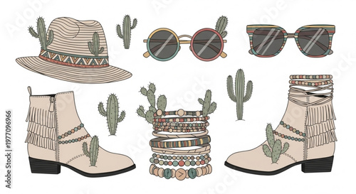 Boho western style accessories collection including cowboy hat boots sunglasses and bracelets with cactus motifs perfect for summer fashion and travel themes