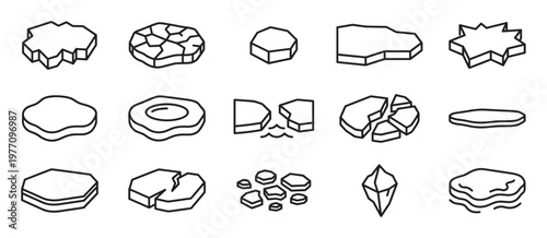 Various black outline ice floe and iceberg icons are neatly arranged in a grid on a white surface