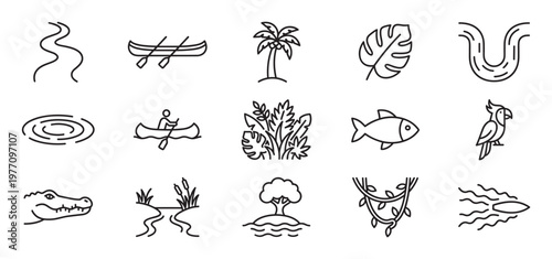 Collection of simple black outline icons representing various elements of a jungle or river ecosystem, depicted with clear lines