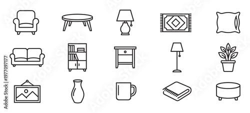 Comprehensive collection of various home furniture and decor items depicted as simple black outline icons, showcasing common household objects