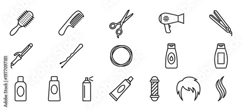 Collection of various hair care and styling tools, including brushes, combs, scissors, and hair products, presented as simple black outline icons