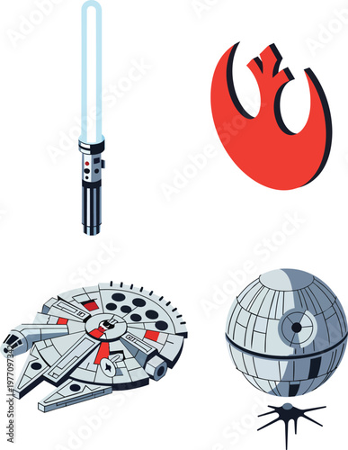 Sci-Fi Space Adventure Vector Icons Featuring Laser Sword and Starship