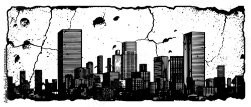 City skyline silhouette framed by cracked stone texture in vintage woodcut style