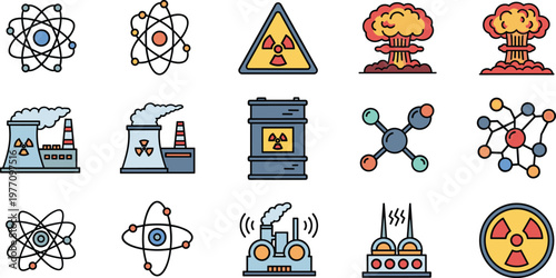 Set of Nuclear and Atomic Icons Featuring Radiation, Nuclear Plants, and Explosions for Science, Energy, and Safety Design Projects