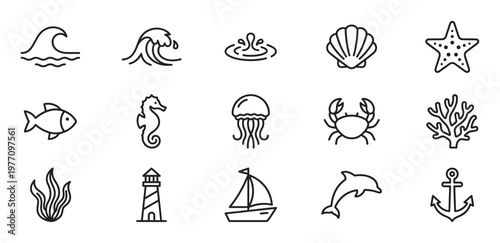 Collection of fifteen black outline icons representing various ocean and marine life elements, including waves, fish, and a lighthouse