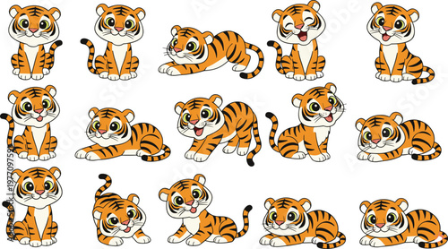 Colorful vector illustration of playful tiger cubs symbolizing cuteness, energy, and curiosity