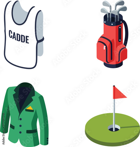 Isometric Golf Tournament Icons Set with Green Jacket and Bag