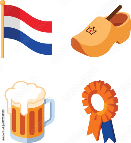 Traditional Netherlands Culture Icons with Flag Clog and Beer Mug