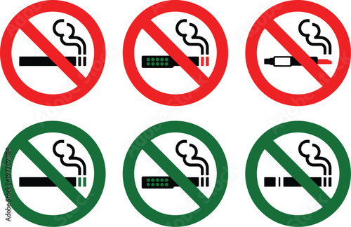 No smoking and vape signs set, vector icons including cigarette, e-cigarette, vaping, prohibition, and permitted symbols for healthcare and public safety use.