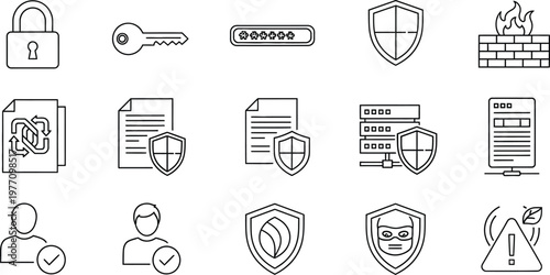 Security and access control icons set black and white outline