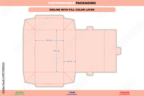 Flip box dieline template with dimensions, flat packaging layout featuring green bleed, blue trim, and red crease lines on a light peach background