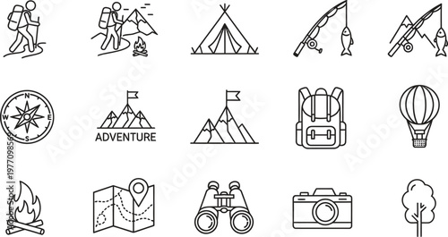 Adventure and exploration line icons set camping travel and outdoor activities