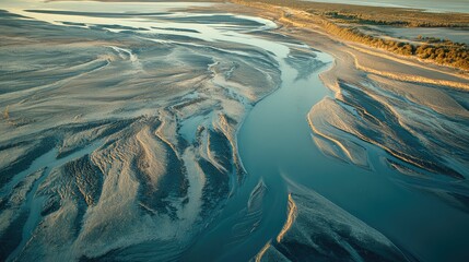 Winding water channels flowing through sand and mudflats create intricate abstract patterns during twilight, showcasing the beauty of natural erosion and landforms