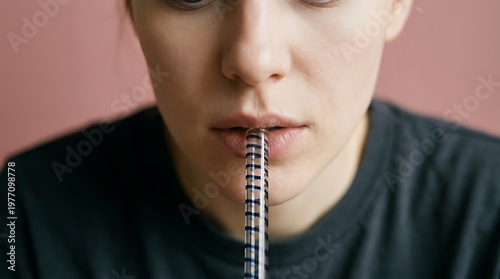 Close-up of a person holding a syringe in their mouth.