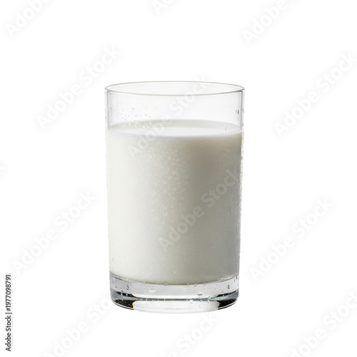 Chilled crystal glass tumbler with condensation, filled with opaque creamy white milk, isolated on a transparent studio backdrop, hyper-realistic soft lighting, commercial product concept