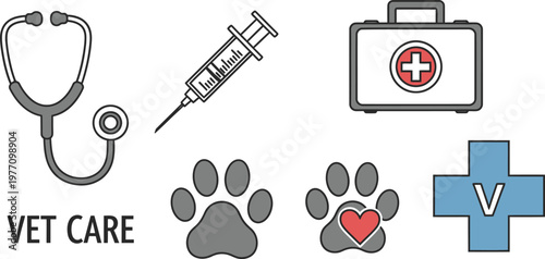 Veterinary medicine icons stethoscope syringe first aid paw prints cross