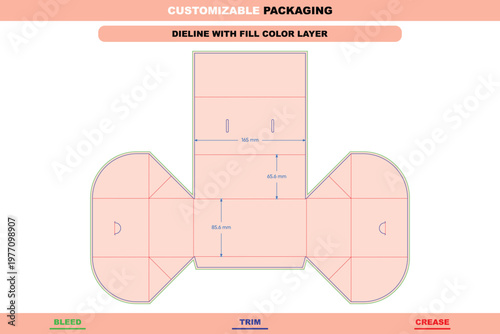Flip box dieline template with fill color layer, featuring labeled bleed, trim, and crease lines for packaging and manufacturing