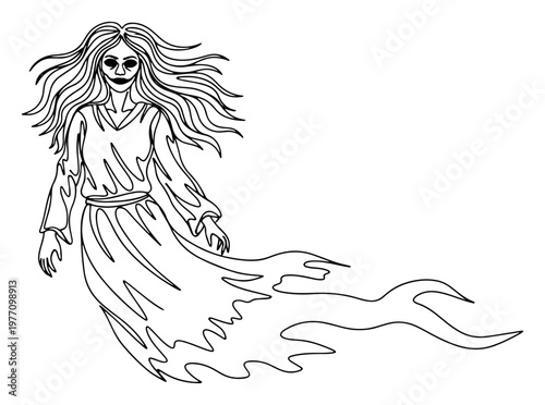 Photography Ghostly female spirit with long hair and tattered dress in minimalist monoline s