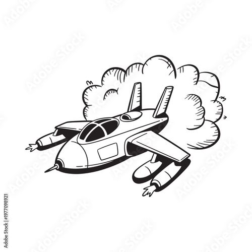 Canvastavla Black and white illustration of a futuristic spaceship soaring through clouds