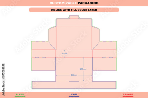 Flip box dieline template with fill color layer, technical folding structure layout with bleed, trim, and crease lines for product packaging