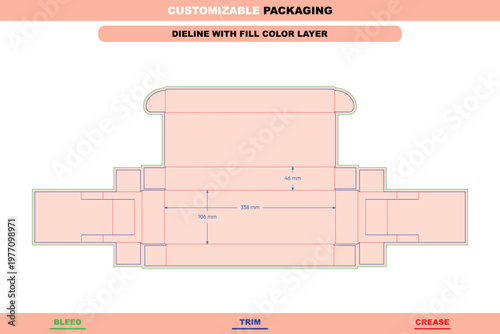 Flip box dieline template with fill color, featuring green bleed lines, blue trim lines, red crease lines, and dimension measurements in millimeters