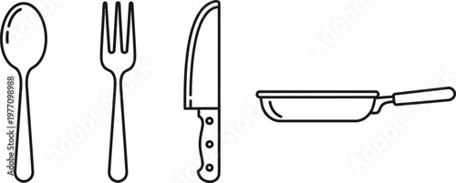 Black and white line drawing of cutlery and small saucepan