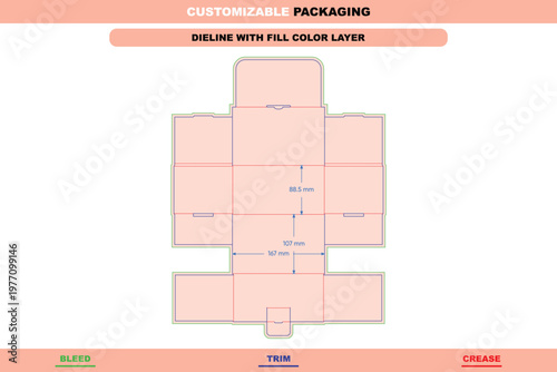 Flip box dieline template with pink fill, showing green bleed lines, blue trim lines, red crease lines, and dimension measurements in millimeters