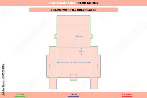 Flip box dieline template with structural dimensions, featuring green bleed lines, blue trim lines, and red crease lines on a pink background