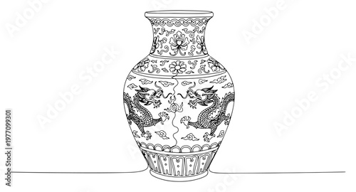 Tableau sur toile Chinese porcelain vase with dragon and floral motifs in continuous line drawing