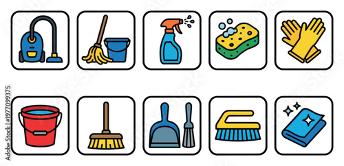 A clean and modern vector graphic featuring a collection of essential household cleaning tools and supplies, presented in a clear icon format.