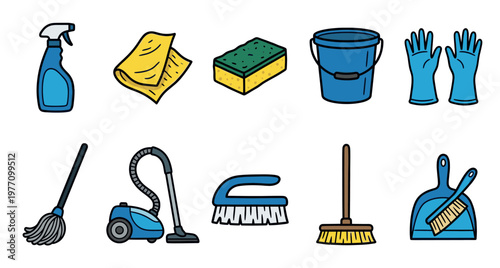 A collection of cartoon style vector icons depicting various cleaning supplies including a spray bottle, sponge, bucket, mop, vacuum, brush, and dustpan.