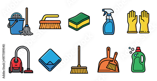 A collection of colorful, flat icon-style illustrations depicting essential household cleaning tools and supplies, perfect for design projects.