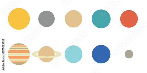 A simple, colorful vector illustration depicting planets of the solar system in a clean, minimalist style against a white background.