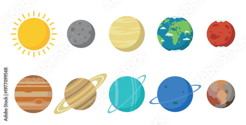 A colorful flat vector illustration of the sun and planets of our solar system, including Earth and Mars, against a clean white background.
