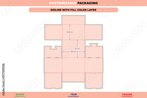 Folding delivery box dieline template with labeled dimensions, featuring green bleed, blue trim, and red crease lines on a soft pink background
