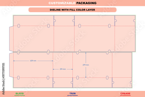 Packaging dieline template with ventilation holes, showing crease lines, trim edges, and bleed areas with labeled dimensions in millimeters