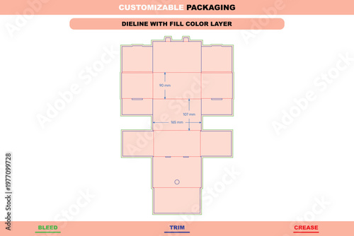 Polygonal flip box dieline template with fill color layer, including labeled bleed, trim, and crease lines for custom packaging