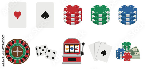 A collection of flat design vector icons representing various casino games and gambling elements, including playing cards, poker chips, dice, a roulette wheel, and a slot machine against.