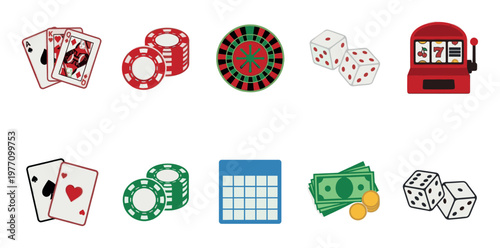 This flat design collection features various casino and gambling icons including cards, chips, roulette, dice, slot machine, and money on a white background.