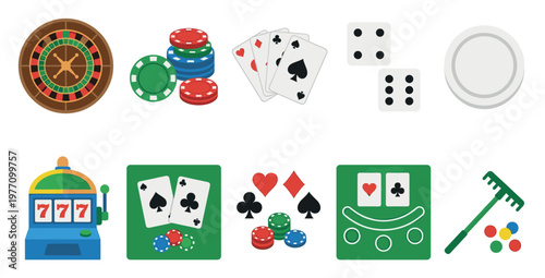 A vibrant flat design illustration showcasing a collection of casino game elements like roulette, poker chips, playing cards, dice, slot machine, and roulette table on a white background.