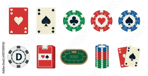 This flat design illustration features a collection of gambling and casino icons including playing cards, poker chips, a deck of cards, and a poker table.