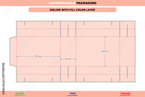 Rectangular box packaging dieline template with 307mm, 107mm, and 209mm dimensions, featuring bleed, trim, and crease lines in format
