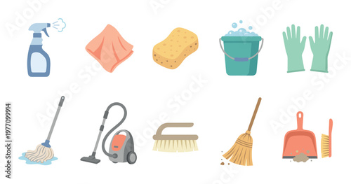 A collection of colorful flat design icons representing various cleaning tools and supplies for housekeeping and hygiene.