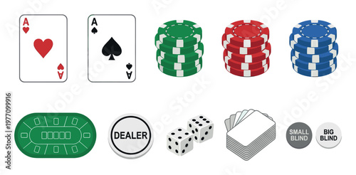 A flat illustration set featuring ace playing cards, stacks of poker chips in red, green, and blue, dice, a dealer button, a poker table, a deck of cards, and blind markers on a clean white background