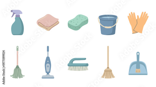 A collection of essential cleaning tools including a spray bottle, cloth, sponge, bucket, gloves, mop, vacuum, brush, broom, and dustpan, all depicted in a clean flat vector style.
